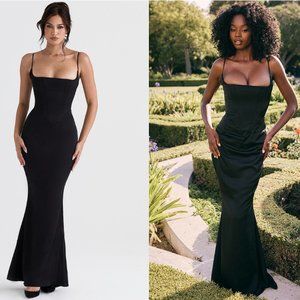 HOUSE OF CB 'Olivette' Black Satin Corset Maxi Dress NWOT